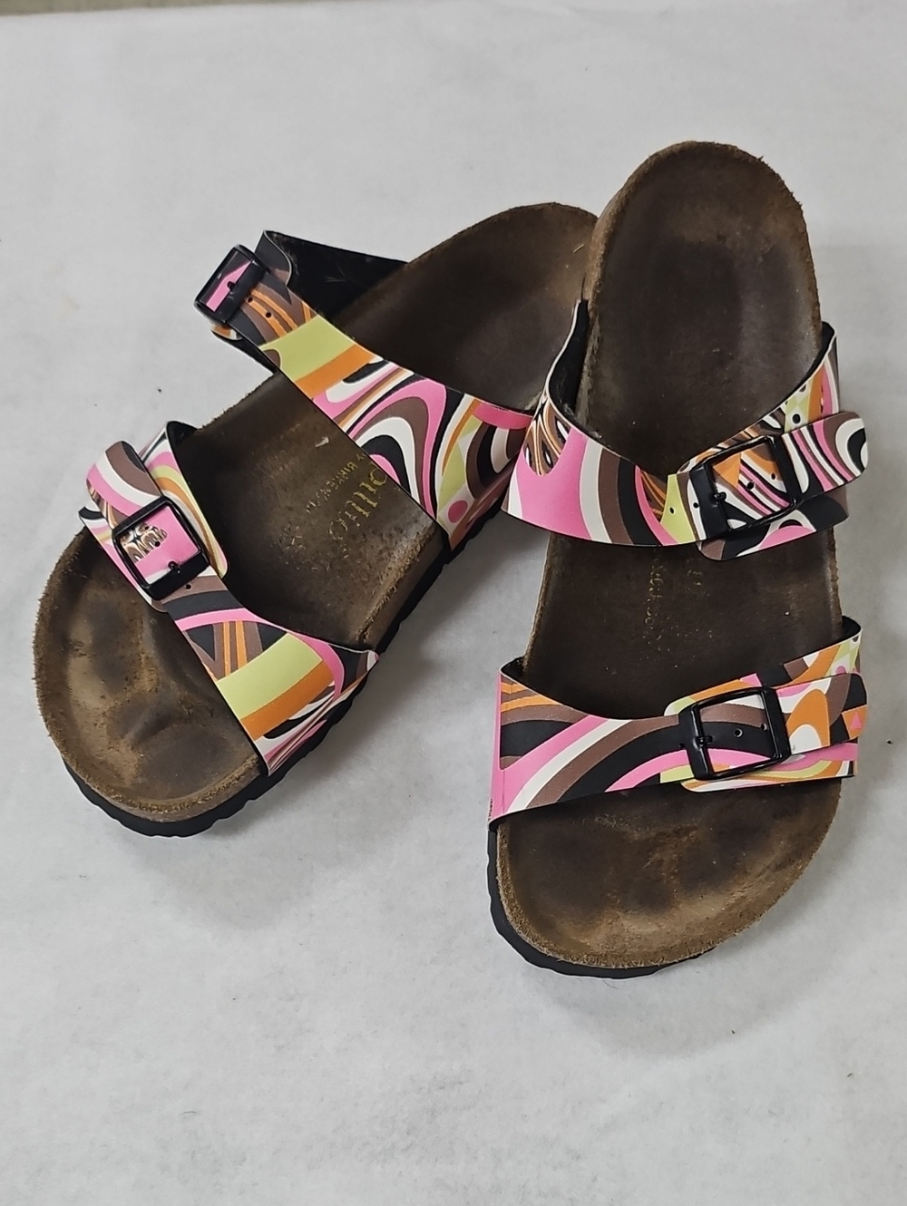 Papillio Pink Orange Yellow Swirl Two-Strap Sandals